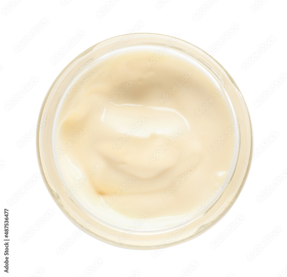 Mayonnaise in glass jar isolated on white, top view Mayonnaise in glass jar isolated on white, top view