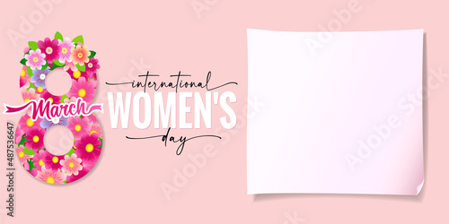 International Women's Day March 8 with flowers and paper note. Happy womens day elegant vector lettering on pink background