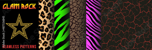 Collection of 80's Glam Rock Metal seamless patterns | Set of abstract vivid vector texture graphics in retro vintage style for apparel and textiles. Zebra, tiger, leopard, chess, soil earth