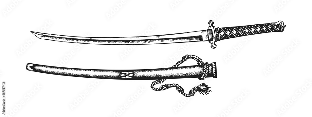 Samurai Warrior Katana Sword. Print or Tattoo Design. Hand Drawn Vector Illustration Stock Vector