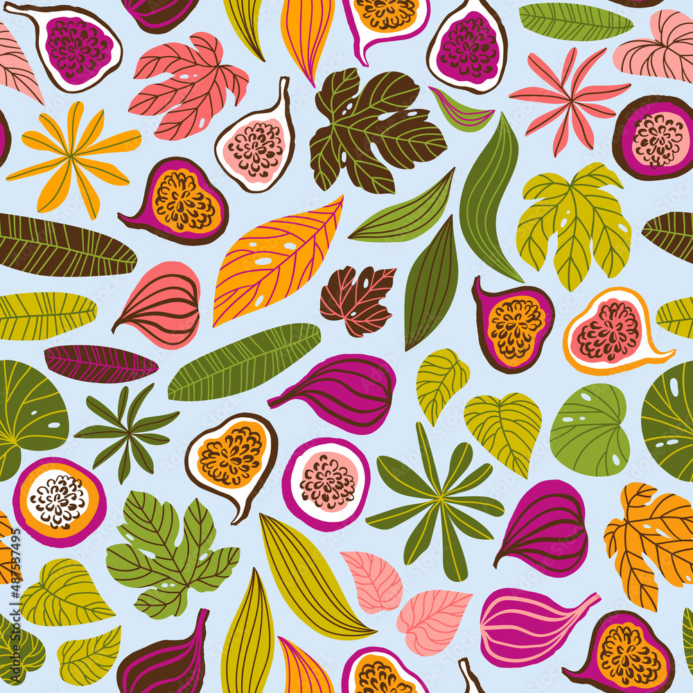 Seamless pattern with tropical leaves and fruits. Beautiful print with hand drawn exotic plants and figs. Fashion botanical fabric design. Vector illustration.