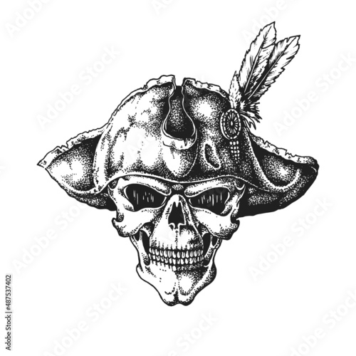 Pirate Captain Skull Wearing Tricorne Hat. Print or Tattoo Design. Hand Drawn Vector Illustration
