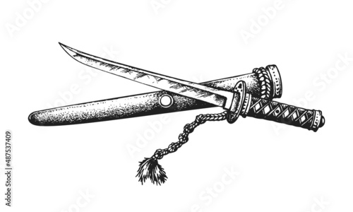 Samurai Warrior Tanto Sword or Dagger. Print or Tattoo Design. Hand Drawn Vector Illustration