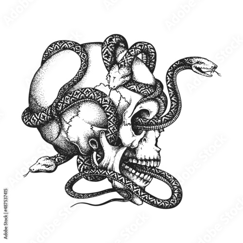 Human Skull Entwined by Snakes. Print or Tattoo Design. Hand Drawn Vector Illustration