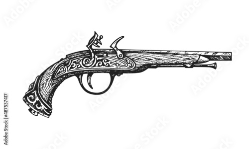 Pirate Boarding Pistol Blunderbuss. Print or Tattoo Design. Hand Drawn Vector Illustration