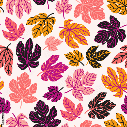Stylized fig leaves. Botanical seamless pattern. Stylish abstract fabric design. Vector illustration.