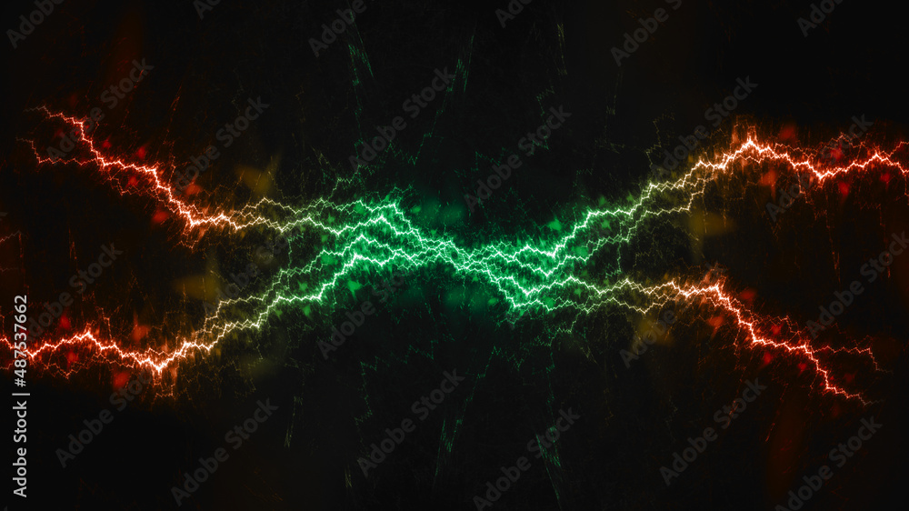 Green and orange lightning, plasma electrical background