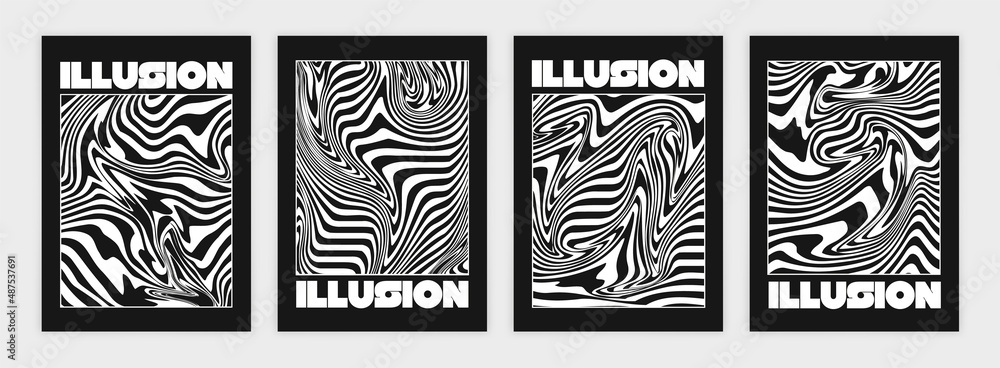 Collection of modern abstract posters with optical illusion. In techno style, psychedelic design, prints for T-shirts and hoodies. Isolated on black background