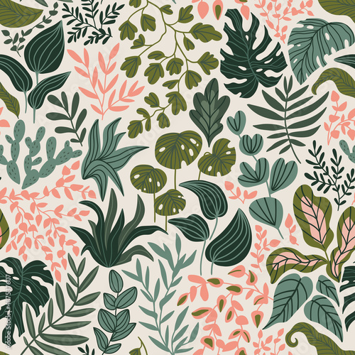 Greenery seamless pattern in hand-drawn style. Vector repeating background with tropical leaves and plants in green and pink colors.