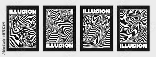 Collection of modern abstract posters with optical illusion. In techno style, psychedelic design, prints for T-shirts and hoodies. Isolated on black background