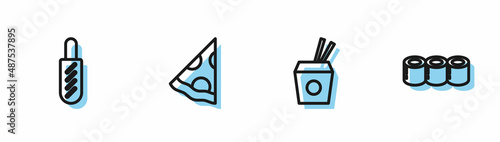 Set line Asian noodles and chopsticks, Hotdog sandwich, Slice of pizza and Sushi icon. Vector