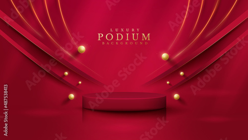 Red product display podium with golden curve line and 3d ball elements with bokeh decoration and glitter light effect.