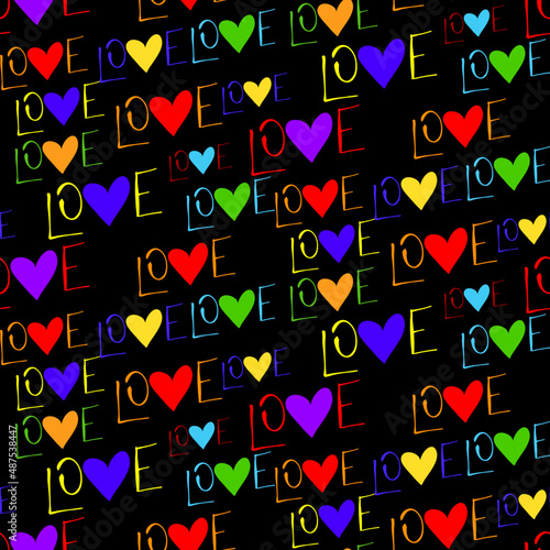Vector seamless love symbol half-drop pattern  with stylish hearts and word  Love 