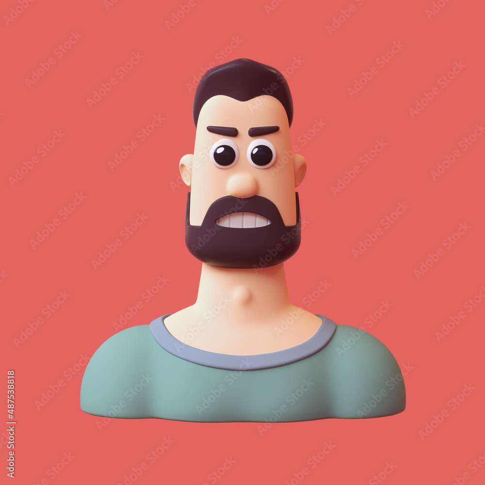 Portrait of a young handsome angry brunette man with a beard, mustache, trendy hairstyle, white teeth wears casual blue sweater. Avatar face and shoulders. Minimal art style. 3d render on red backdrop Portrait of a young handsome angry brunette man with a beard, mustache, trendy hairstyle, white teeth wears casual blue sweater. Avatar face and shoulders. Minimal art style. 3d render on red backdrop