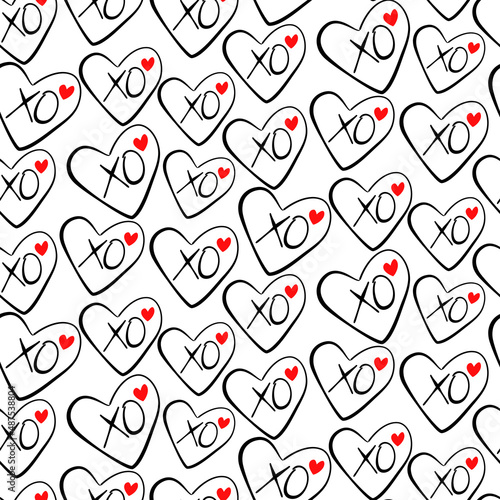 Vector seamless love symbol half-drop pattern, with stylish hearts and xoxo (hugs and kisses) phrase