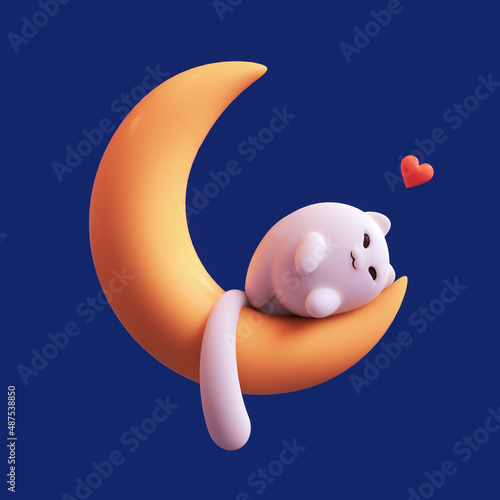 Fat fluffy white happy cat sleeps on yellow moon floating in the air with a red heart shape. Good night, sweet dreams. I love you, lazy days. Minimal art, cartoon card. 3d render on dark blue backdrop