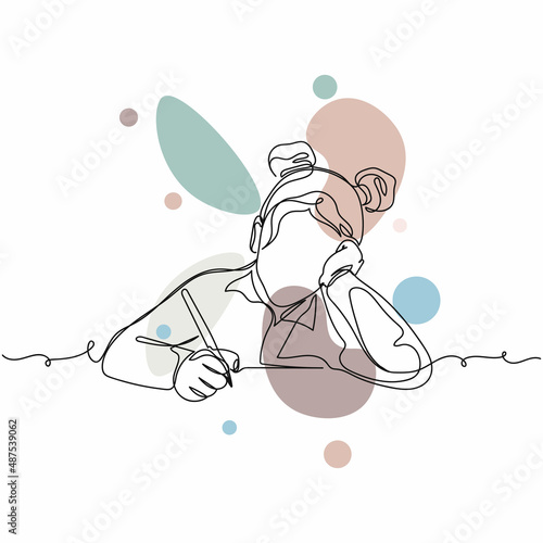 Continuous one simple single abstract line drawing of female child writing homework with pencil icon in silhouette on a white background. Linear stylized.