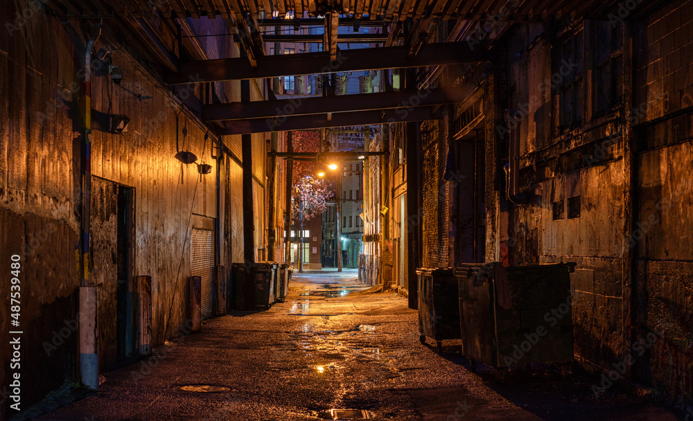 Dark abandoned alley at night downtown Vancouver