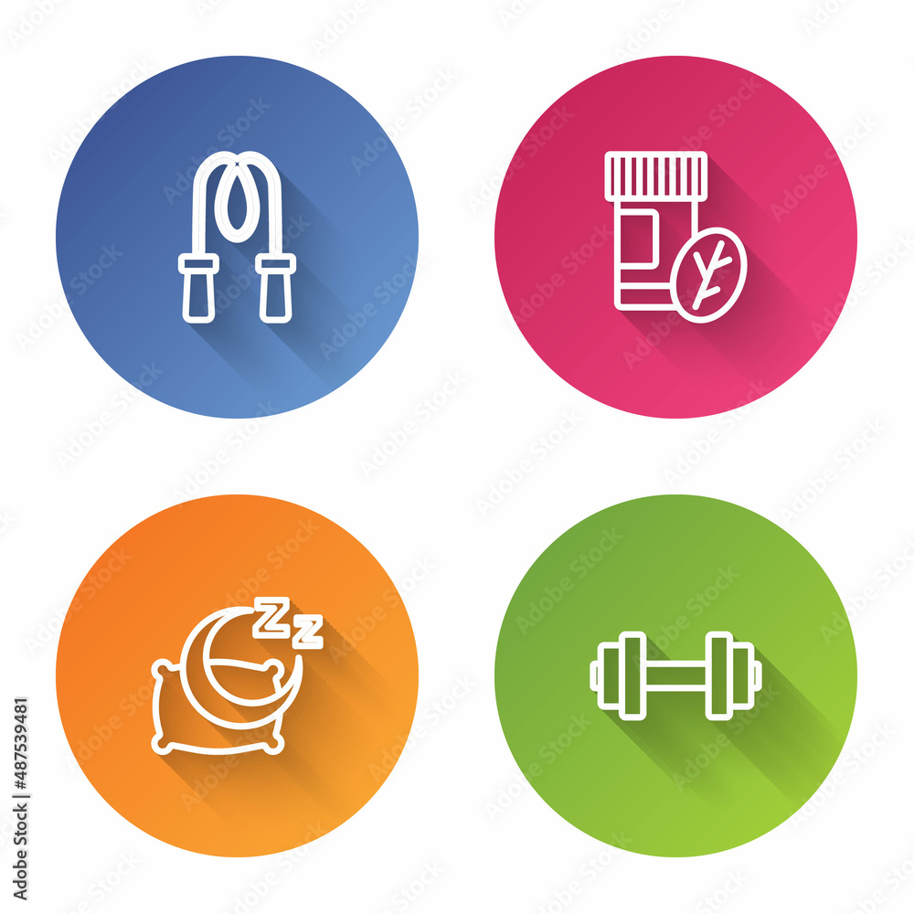 Set line Jump rope, Vitamin pill, Time to sleep and Dumbbell. Color circle button. Vector Set line Jump rope, Vitamin pill, Time to sleep and Dumbbell. Color circle button. Vector
