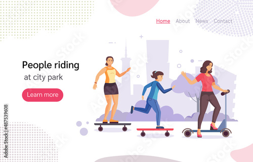 Man and woman ride gyroscooter an urban street city park