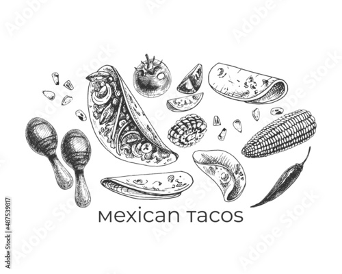403_Mexican тacos_tomato_maracas_corn_Mexican traditional food, tacos, corn, tomatoes, maracas, chili peppers, tortillas, garfica, hand drawing,