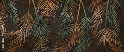 Luxurious gold and green flowers of tropical leaves on a dark background. Botanical beauty, modern art, floral art banner in gold color