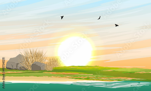 The shore of the reservoir at sunset. Realistic vector landscape