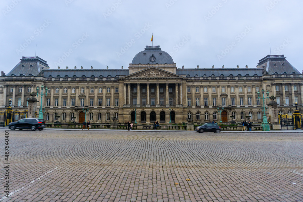 Front view of the royal palace in Brussels, on a cloudy day without cars.