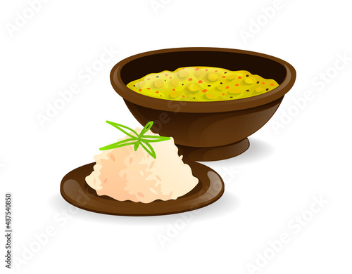 Traditional indian dish dal with rice, spicy soup.