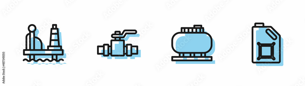 Set line Oil tank storage, platform in the sea, Metallic pipes and valve and Canister motor oil icon. Vector Set line Oil tank storage, platform in the sea, Metallic pipes and valve and Canister motor oil icon. Vector