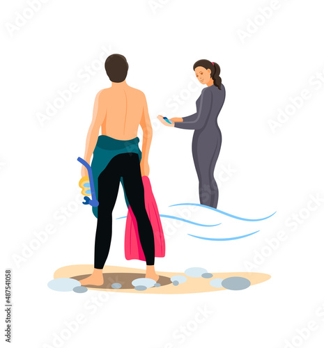 Divers couple together man and woman in swimsuit. Young man put on, take off swimwear and girl in diver costume.