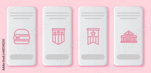 Set line Burger, American flag, and White House. White rectangle button. Vector