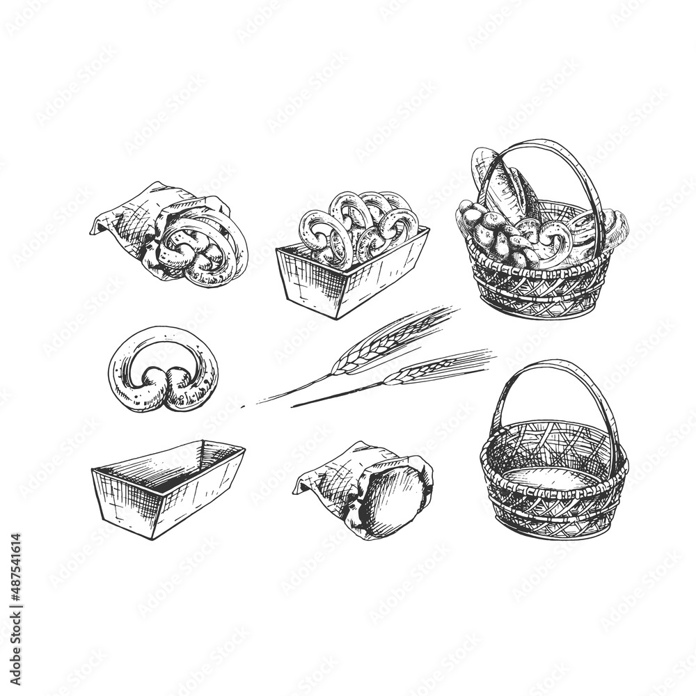 395_bread, basket_bun, paper bag, box, basket, set, bread, loaf, vector