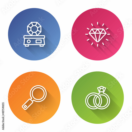 Set line Gem stone, Diamond, Magnifying glass and Wedding rings. Color circle button. Vector