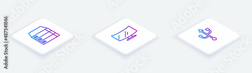 Set Isometric line Server, Data, Web Hosting, Computer monitor screen and USB. White square button. Vector
