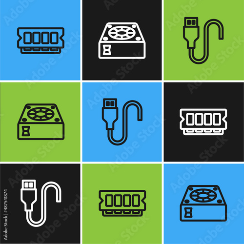 Set line RAM, random access memory, USB cable cord and Computer cooler icon. Vector