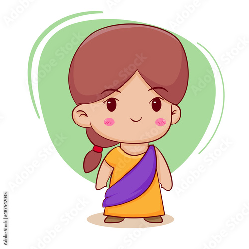 Cute cartoon character of Indian wearing saree Hand drawn style flat character isolated background