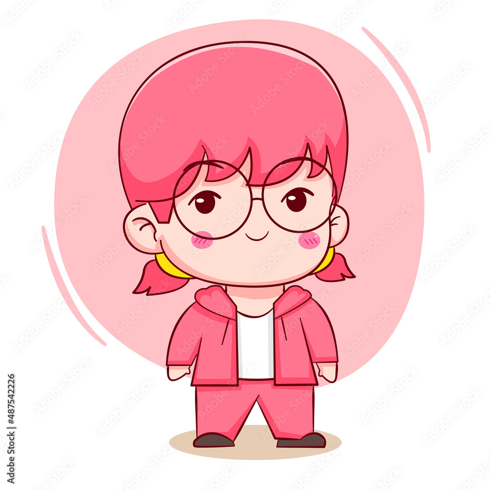Cute cartoon character of cute red hair girl wearing glassess Hand drawn style flat character isolated background