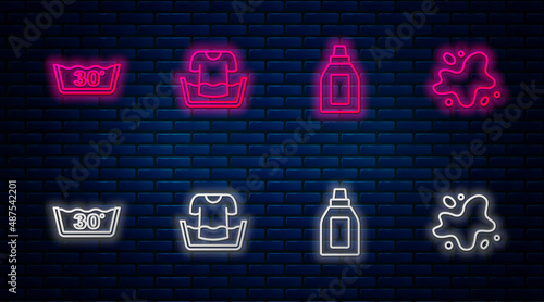 Set line Basin with shirt, Bottle for cleaning agent, Temperature wash and Water spill. Glowing neon icon on brick wall. Vector