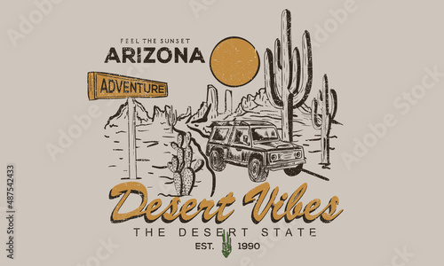Desert vibes vintage print design for t shirt, poster, sticker, batch, embroidery and others. Wilderness road trip vector artwork.  
