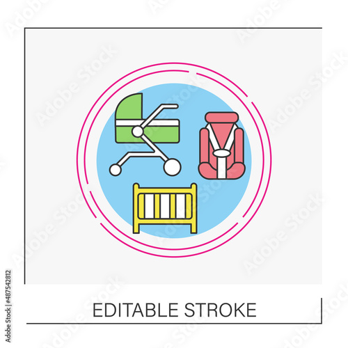  Stroller line icon. Newborn carriage and strollers with toddler inside. Baby products. Childhood concept. Isolated vector illustration. Editable stroke
