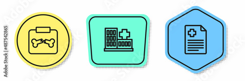 Set line X-ray shots with broken bone, Hospital building and Patient record. Colored shapes. Vector