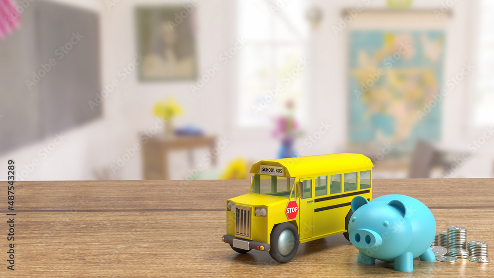 The piggy bank and school bus on class room background for education or saving concept 3d rendering The piggy bank and school bus on class room background for education or saving concept 3d rendering