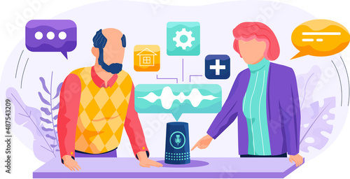 Voice assistant. Smart speaker virtual assistant, sound robot, people using voice controlled smart speaker. Voice activate digital assistant identification control contactless mobile device microphone