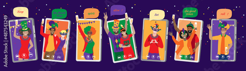 Keep the Mardi Gras spirit alive! Vector greeting banner with diverse young people wearing bead necklaces, masks, carnival costumes have joyful party, virtual meeting online at cell phone screens