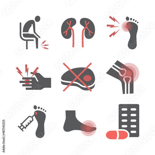 Gout. Symptoms, Treatment. Flat icons set. Vector signs for web graphics.