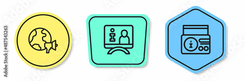 Set line World news, Television report and News radio channel. Colored shapes. Vector