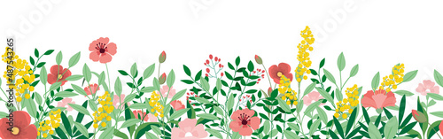 Obraz na plátně Wild flowers, spring grass seamless pattern 3d realistic vector