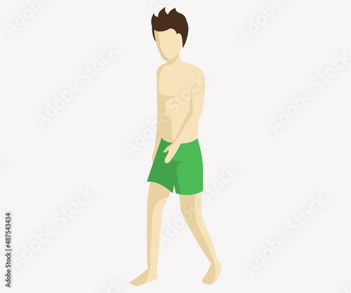 Man in swimming trunks isolated on white background. Full lenght side view of standing naked man on beach. Summer time, vacation or travel on shore near water. Male character without clothes