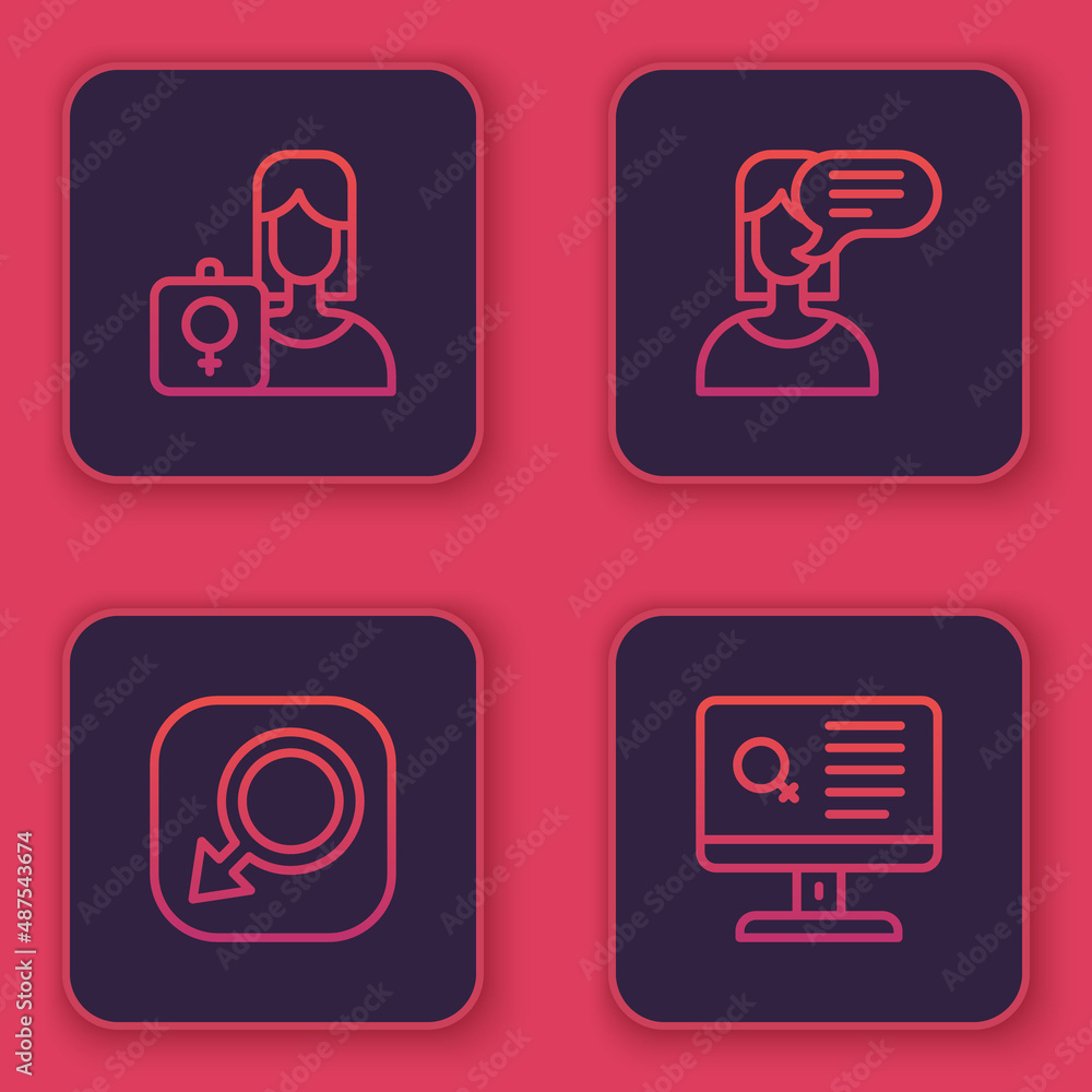 Set line Feminist activist, Male gender, Female opinion and Dating app. Blue square button. Vector Set line Feminist activist, Male gender, Female opinion and Dating app. Blue square button. Vector